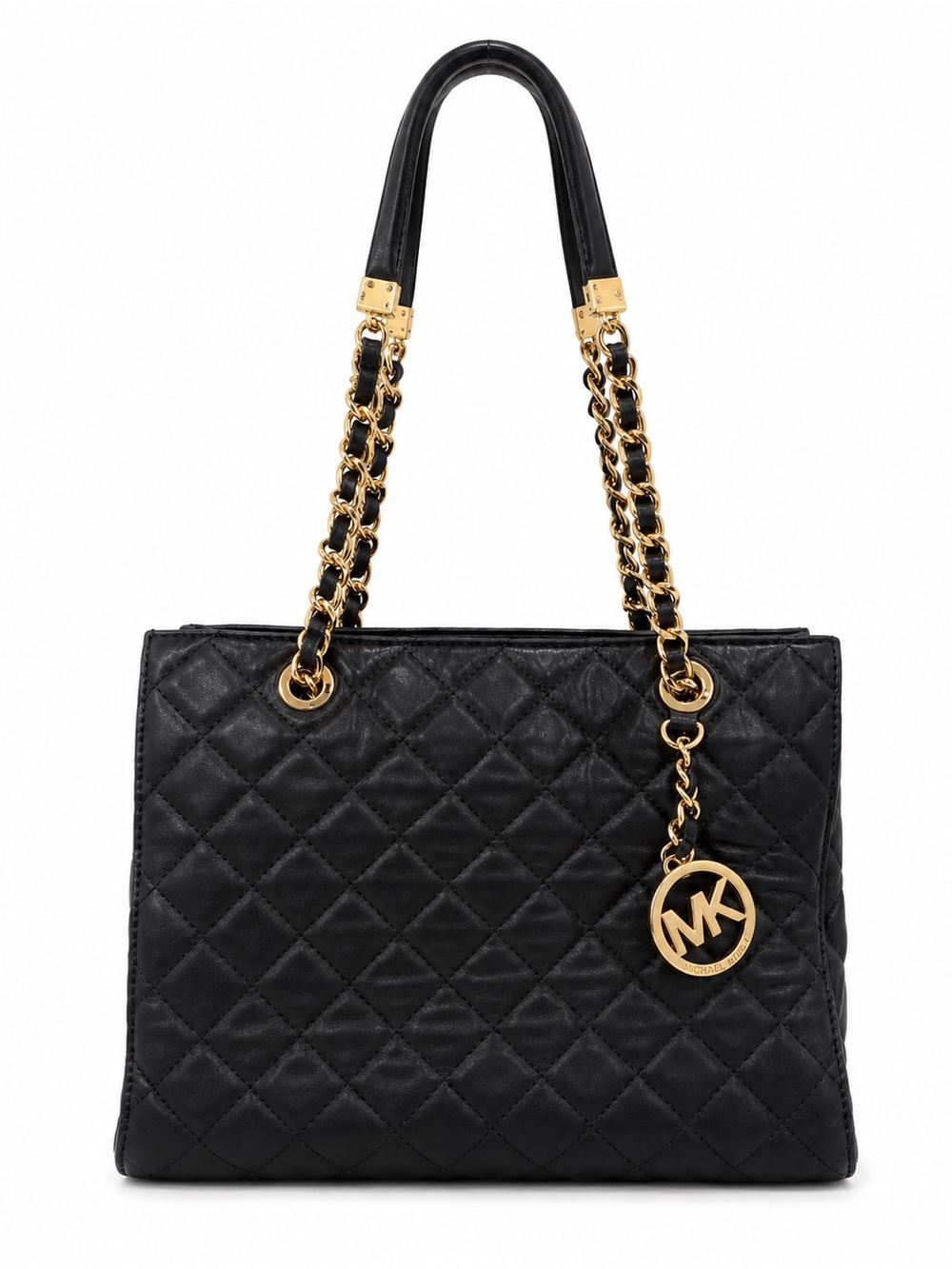Michael Kors Black Quilted Leather Gold Chain Shoulder Bag + Puff Keychain